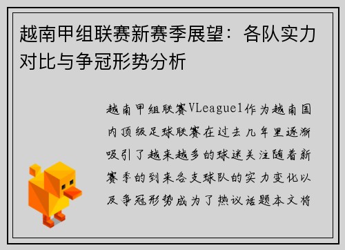 越南甲组联赛新赛季展望：各队实力对比与争冠形势分析